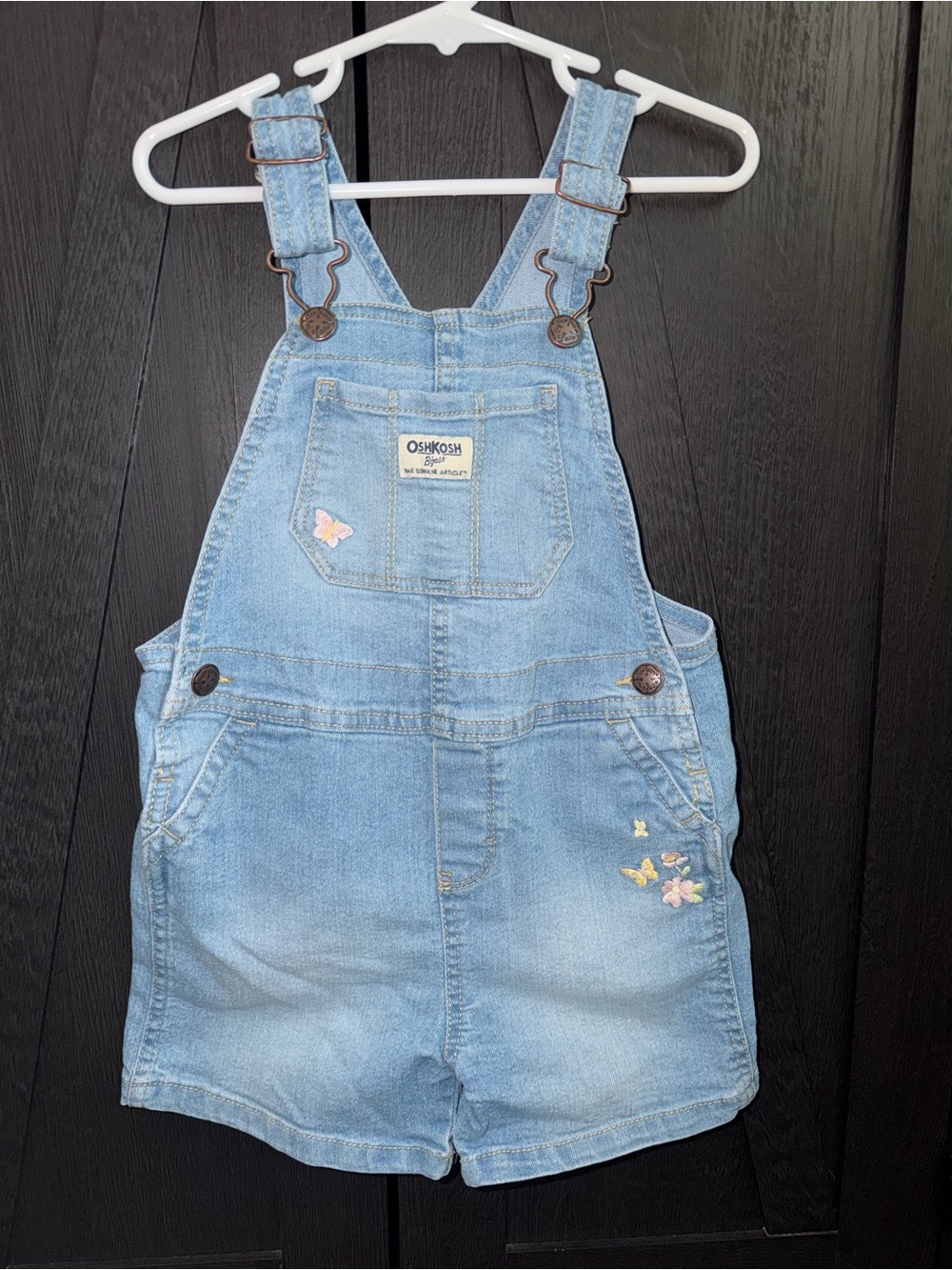 OshKosh B'gosh Light Wash Denim Short Overalls with Butterfly Embroidery